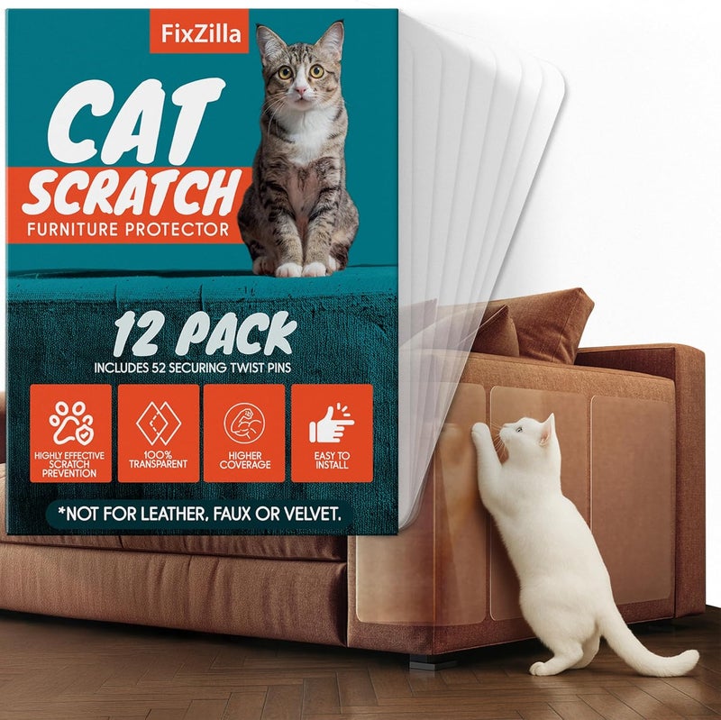 FixZilla Anti Cat Scratch Furniture Protector, 12-Pack Couch Protector from Cat Claws – Heavy-Duty, Easy-to-Apply Scratching Deterrent and Shield for Sofa Corners, Walls, Doors- with 52 Twist Pins - Image 1